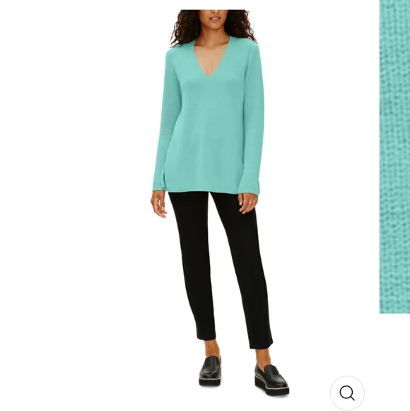 Eileen Fisher 100% Merino Wool Teal V‑Neck Knit Top - Picture 5 of 7